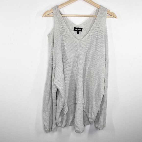 Express Light Grey V-Neck Knit Cold Shoulder Sweater Women's Size Medium M - Picture 1 of 7